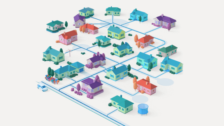 An illustration showing the fibre connections running between houses in a suburban neighbourhood.