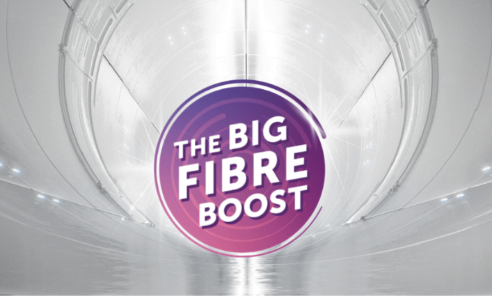 An illustration of the inside of a fibre cable overlaid with The Big Fibre Boost logo.